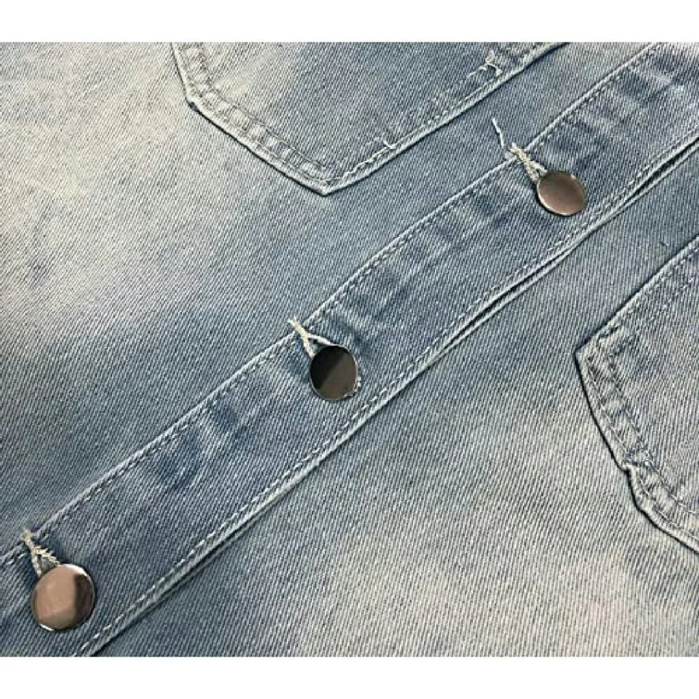 Distressed Denim Trucker Jacket with Fray Hem Tassels, Long Sleeve